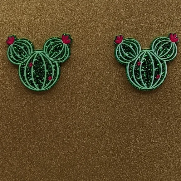 Mickey Mouse cactus green glitter acrylic stud earrings - Picture 3 of 6